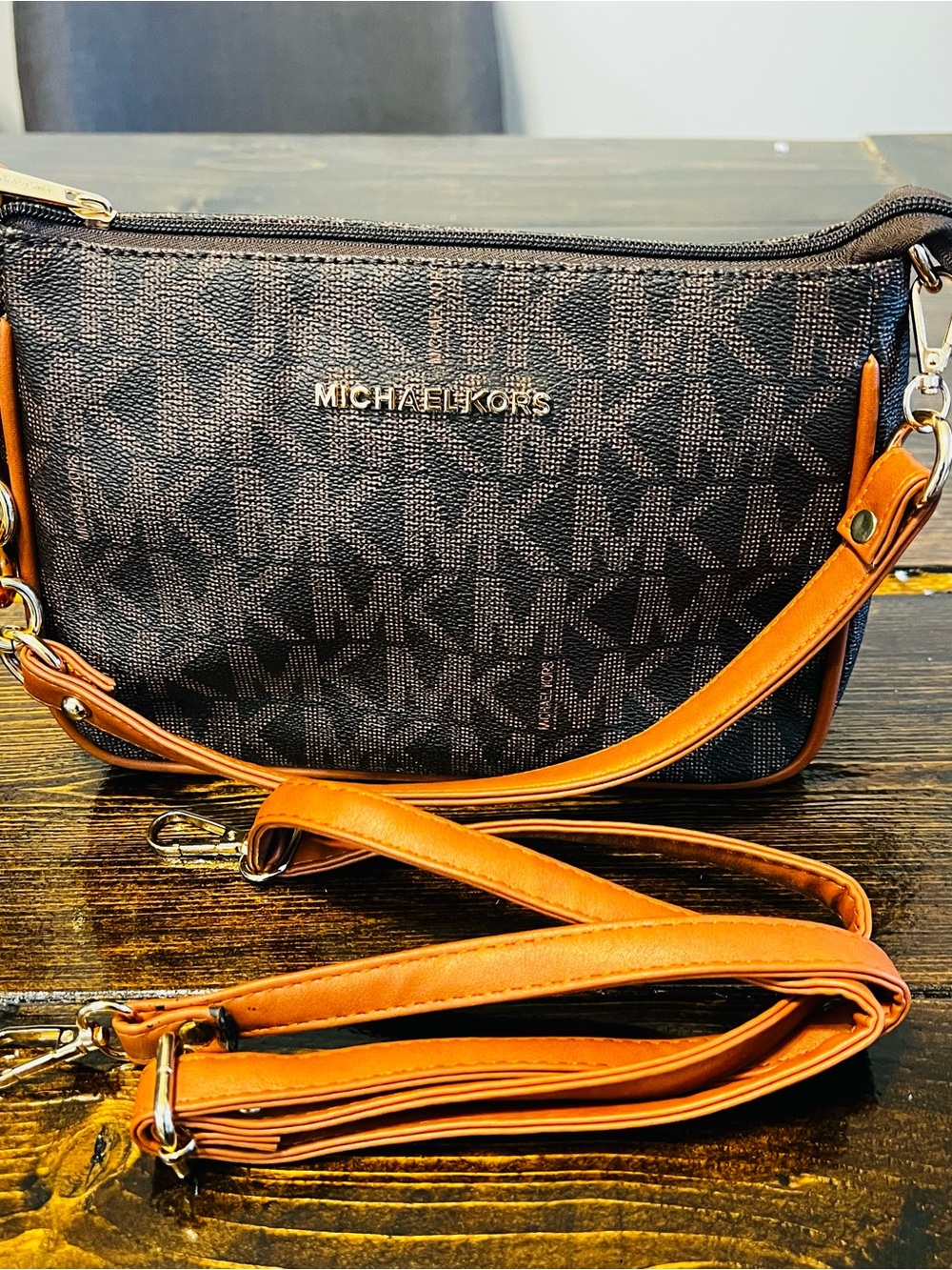 Michael Kors Black MK Logo Crossbody with Tan Strap